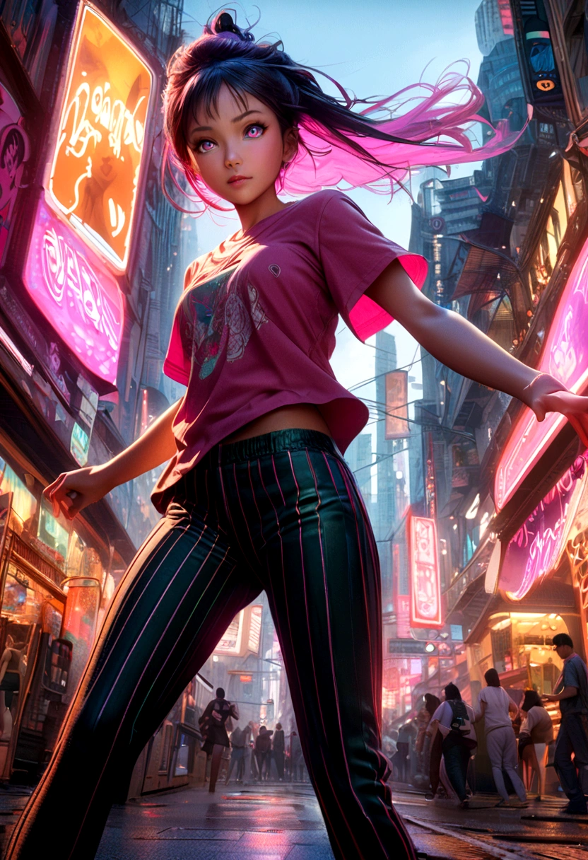 a swan-like girl wearing a t-shirt, thick vertical striped pants, shopping in a busy city street, detailed face, beautiful eyes, vivid colors, highly detailed, 8k, photorealistic, concept art, vibrant cityscape, neon lights, dynamic pose