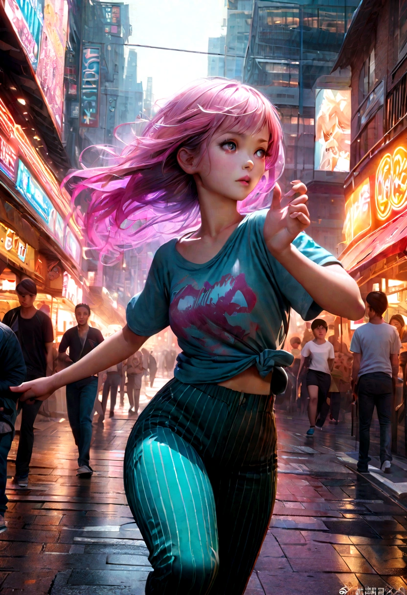 a swan-like girl wearing a t-shirt, thick vertical striped pants, shopping in a busy city street, detailed face, beautiful eyes, vivid colors, highly detailed, 8k, photorealistic, concept art, vibrant cityscape, neon lights, dynamic pose