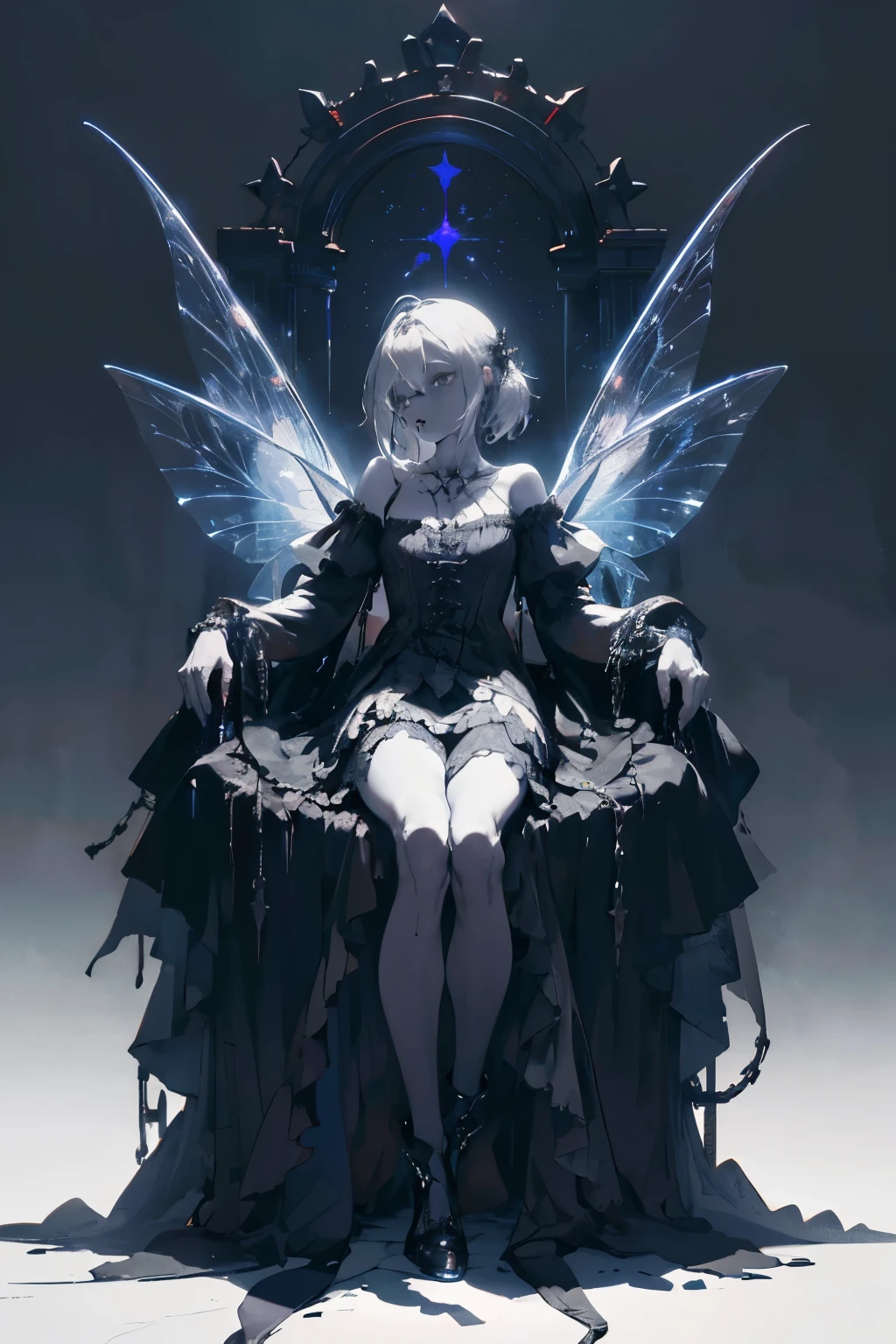  ((best quality)), ((masterpiece)), (detailed), 1girl, Character design, female, dynamic poses, long white grey hair, grey white eyes, very skinny, detailed, best quality, no accesoires around the neck, no shoes, prominent collarbones, skinny arms, flat stomach, visible hip bones, full body, blank white background, plain background, white background, red and white clothing, Bloodborne inspired, occult aesthetic, occult, detailed and intricate steampunk and detailed gothic, NSFW, Very dramatic and cinematic lighting, cosmic horror, grim-dark, side-lighting, perfect face, NSFW, Fluttering lace flared long knee length dress with frilly petticoats, knee length dress, pleated petticoats, petticoats gothic, complex lace boots, side-lighting, gothic aesthetic, wielding a mighty sword with mechanical components, mandalas, a fairy, various different types of insect wings, NSFW, full body, whole body, body, plain background, white background, blank background, no background, white background NSFW, chains, full body, whole body, head-to-toe NSFW 