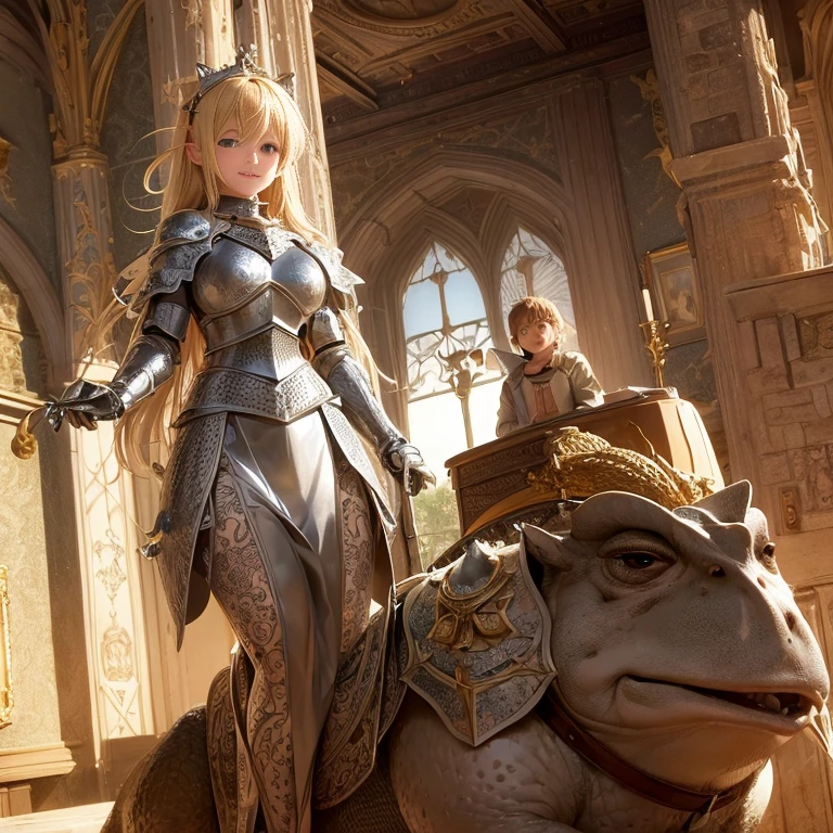 Illustration for a fairy tale, masterpiece, Fantasy World, cute blond handsome knight in shiny silver armor, stupid smug facial expression, wide Hollywood smile, (a large toad always sits on the knight's shoulder(status accessory)), Detailed image, many small details, Intricate details, high quality textures, High quality, Upper body