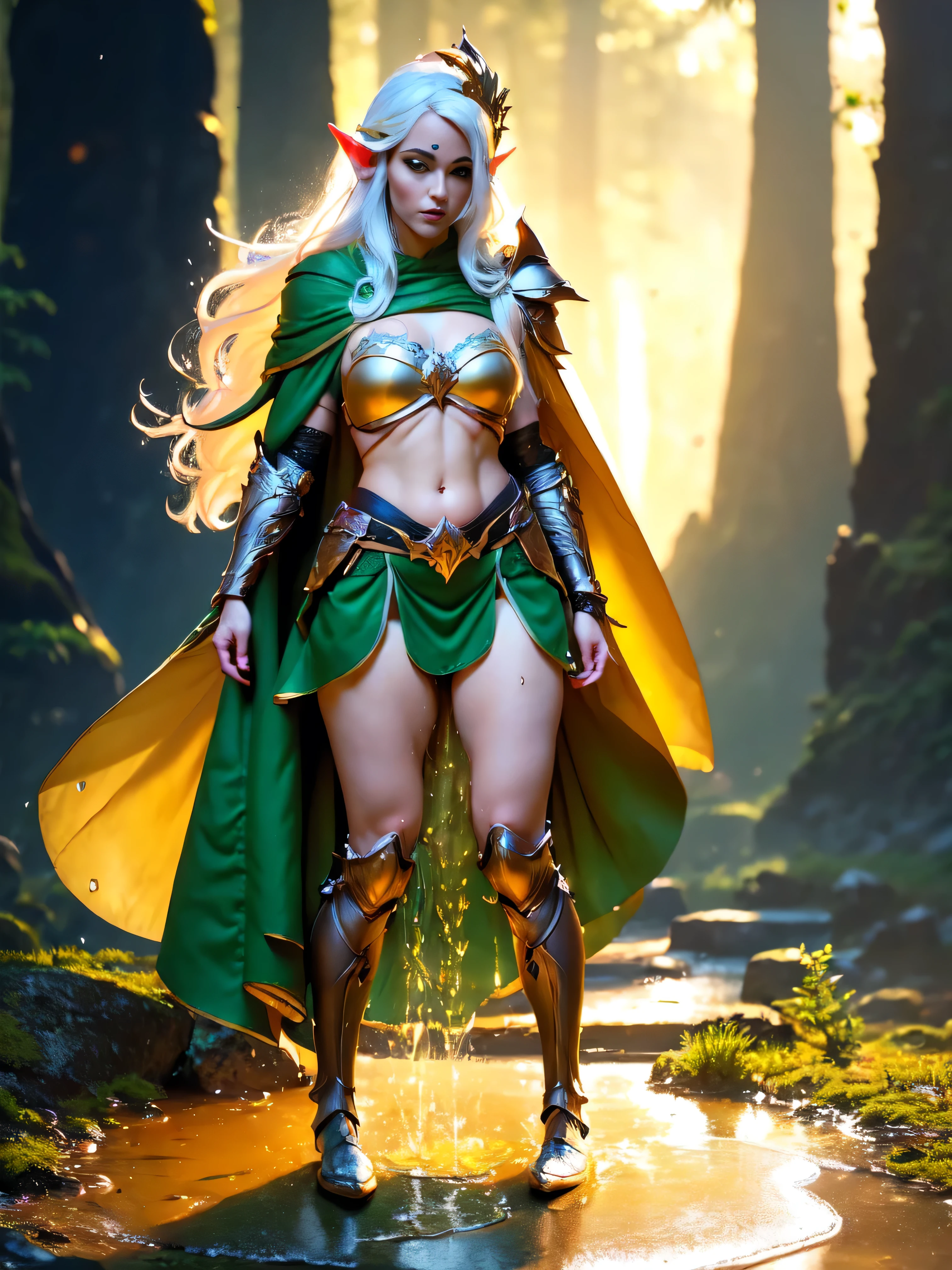 (masterpiece, clean, 8K, high res), pov, from front, full body portrait of a beautiful woman, extremely detailed face, slender body, narrow waist, bright golden hair, small breasts,  wearing intricate green and white armor, (chest armor) , elven torso armor, (green mini skirt), belt, cape, tiara,  , (legs apart), (showing panties:1.1)、(lifted skirt:1.2) , (white panties:1.3),  (standing on a rock: 1.2)、(peeing self:1.5), (pee running down legs), wet panties, wet pants, (pee spray falling between legs:1.5), (pee puddle:1.2), (droplets of yellow liquid on thighs and panties:1.5), (stream of yellow liquid falling between legs starting at subject crouch, (super beautiful)、(beautiful face:1.5), sunset lighting, deep shadows, mountain forest background,  an elven ranger with no bladder control 