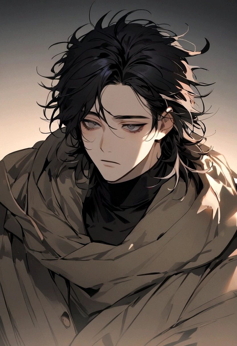 A black haired dude with messy hair wearing a jacket with a turtle neck that covers half of his face and can only see his dead handsome tired eyes with long eyelashes 