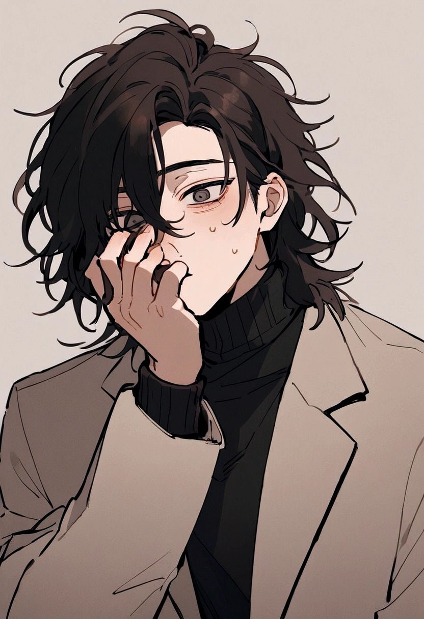A black haired dude with messy hair wearing a jacket with a turtle neck that covers half of his face and can only see his dead handsome tired eyes with long eyelashes