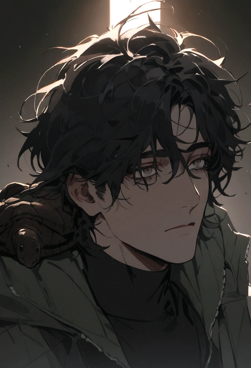 A black haired dude with messy hair wearing a jacket with a turtle neck that covers half of his face and can only see his dead handsome tired eyes with long eyelashes
