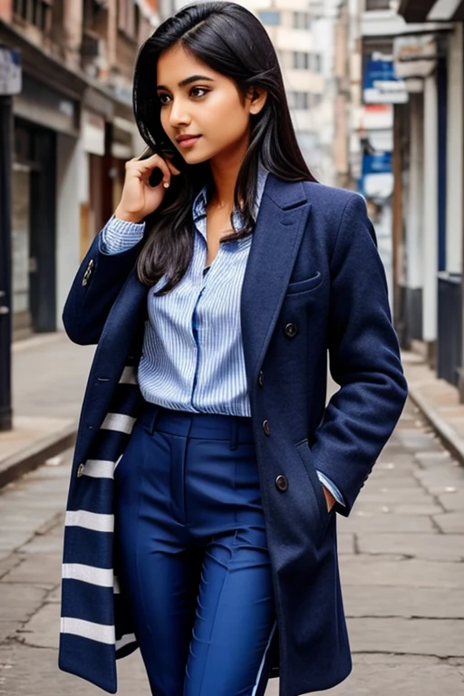 Generate img of with navy blue pants , striped blue shirt and navy blue overcoat for Indian girls
