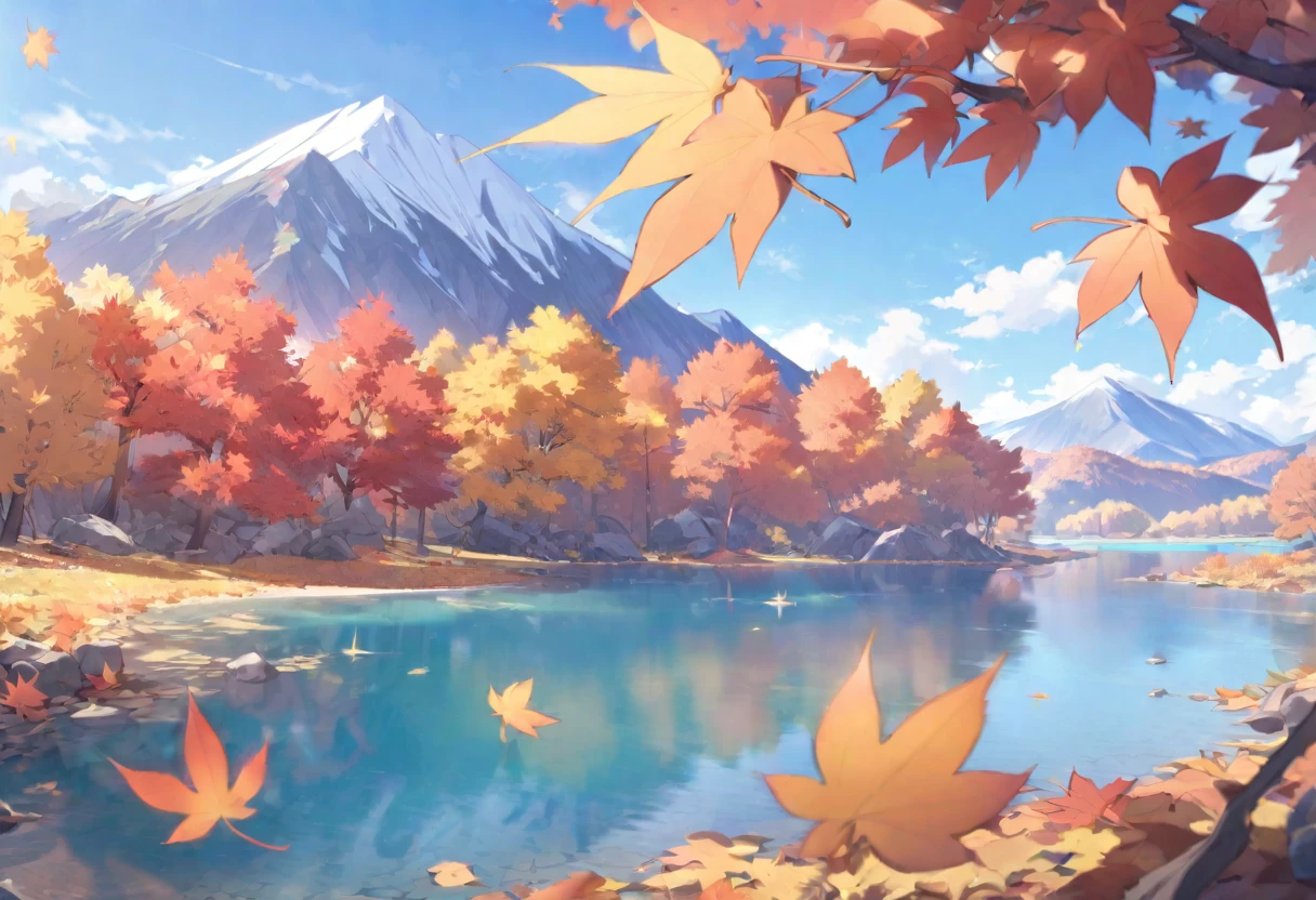 autumn leaves, lake, blue sky, Mountain, vibrant colors