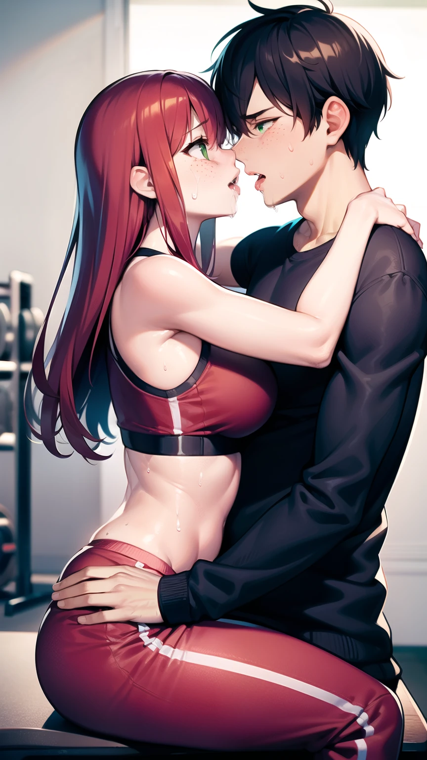 1girl, 1man, duo, a man with long red hair and green eyes and freckles getting force to mate with a girl with black hair, the man is muscular, girl sitting on man laps, girl leans on the man chest, girl arms over man shoulder, man grab girl waist, kissing, sweating alot, saliva, Drooling, blushed, shiny skin, aroused, the man is shirtless, man wearing red sweat pants, girl wearing green sport bra with sleeves, girl wearing black sweat pants, this scene is shoot at the gym, side view,