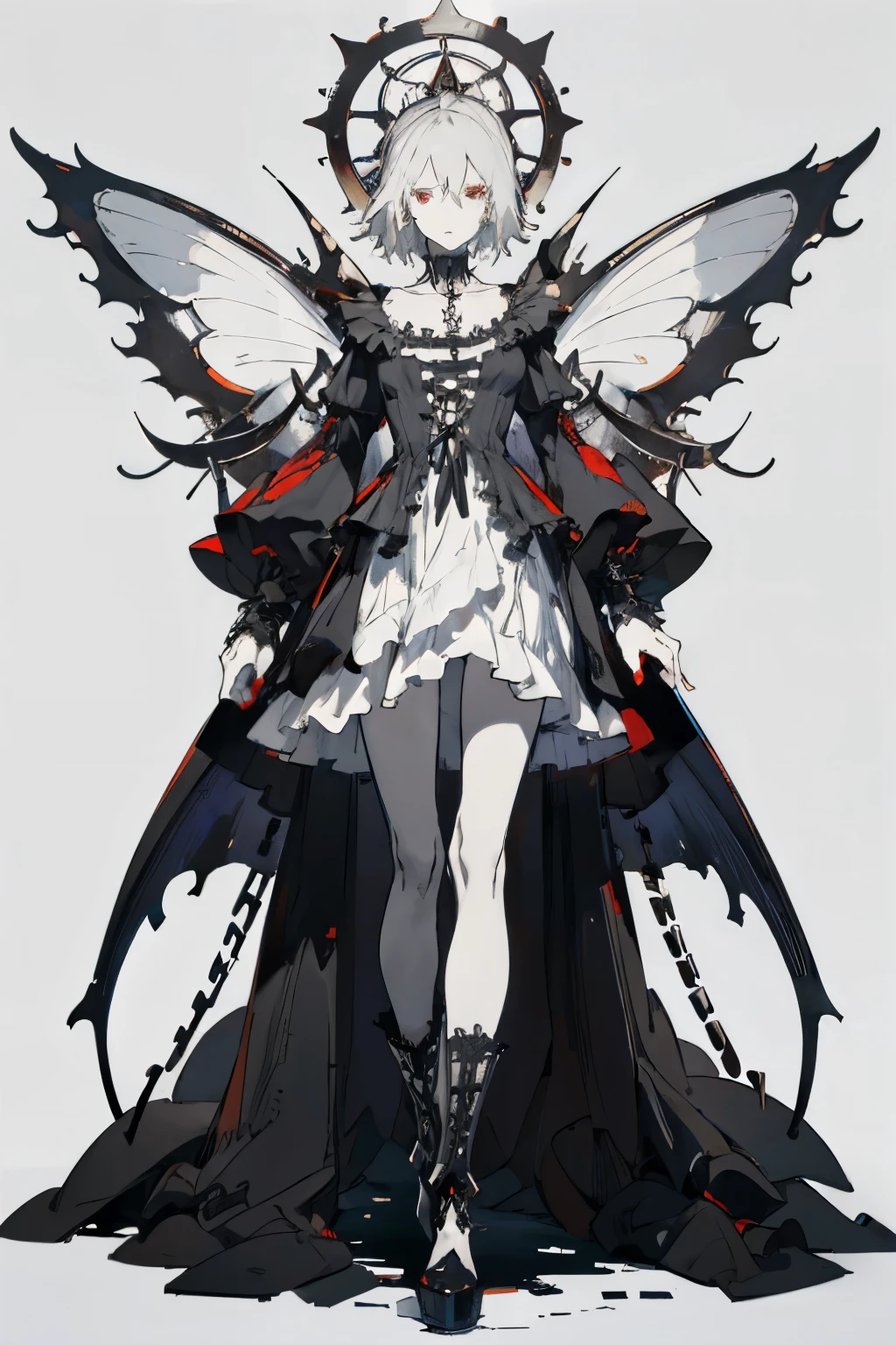 ((best quality)), ((masterpiece)), (detailed), 1girl, Character design, female, dynamic poses, long white grey hair, grey white eyes, very skinny, detailed, best quality, no accesoires around the neck, no shoes, prominent collarbones, skinny arms, flat stomach, visible hip bones, full body, blank white background, plain background, white background, red and white clothing, Bloodborne inspired, occult aesthetic, occult, detailed and intricate steampunk and detailed gothic, NSFW, Very dramatic and cinematic lighting, cosmic horror, grim-dark, side-lighting, perfect face, NSFW, Fluttering lace flared long knee length dress with frilly petticoats, knee length dress, pleated petticoats, petticoats gothic, complex lace boots, side-lighting, gothic aesthetic, wielding a mighty sword with mechanical components, mandalas, a fairy, various different types of insect wings, NSFW, full body, whole body, body, plain background, white background, blank background, no background, white background NSFW, chains, full body, whole body, head-to-toe NSFW