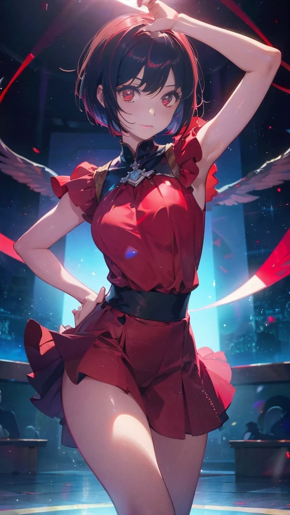 girl with short bob hair,Red eyes ,A shining heaven,dancing in heaven,Dancer's costume