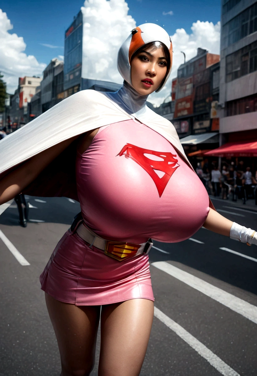 a girl in a gatchaman outfit, beautiful detailed eyes, beautiful detailed lips, extremely detailed eyes and face, long eyelashes, thick vertical striped pants, shopping in a busy street, medium: illustration, (best quality, 4k, 8k, highres, masterpiece:1.2), ultra-detailed, (realistic, photorealistic, photo-realistic:1.37), vibrant colors, dramatic lighting, cinematic composition, Hi3JTS, giga_busty,breasts