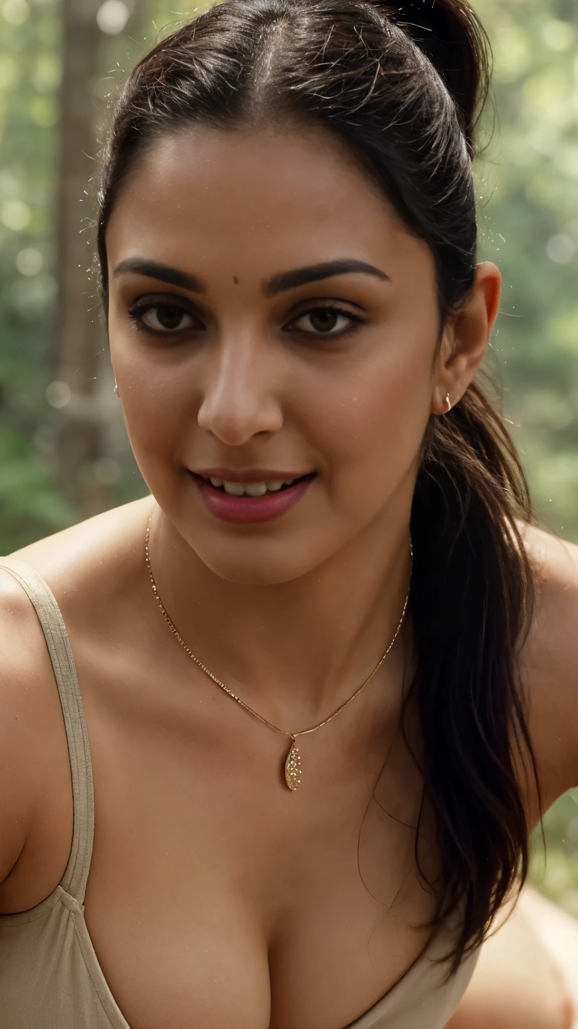 from bottom view, extreme close up photo of sexy kiara, curvy athletic figure, open arms, sexy armpits, sweating, doing push ups in forest, ponytail, necklace, completely nude, glossy lips, look at viewer and subtle smile, (cinematic:1.3), intricate details, (ArtStation:1.2)