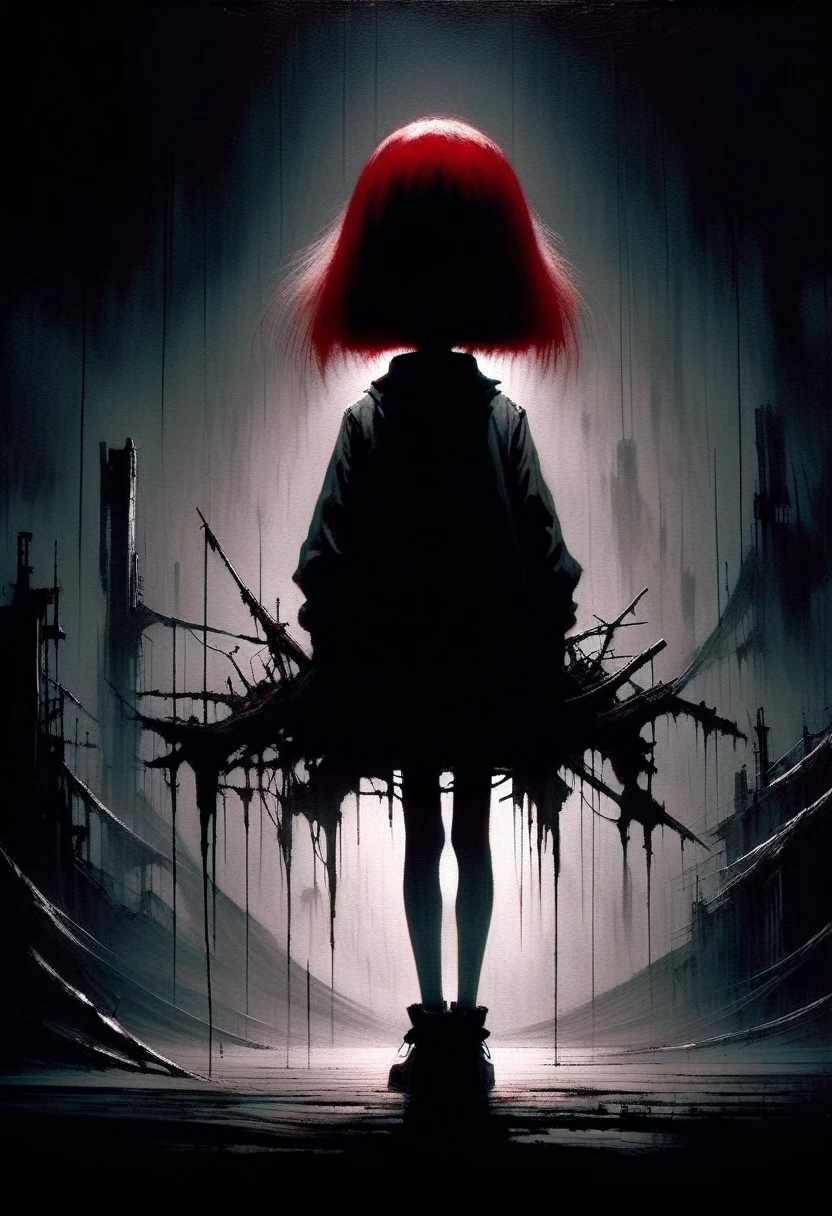 Ashley Wood style, dark scarlet, Chemiluminescence, girl, (minimalism: 1), ray tracing details...Stephen Gammell Style - Iaaya in the style of Stephen Gammell