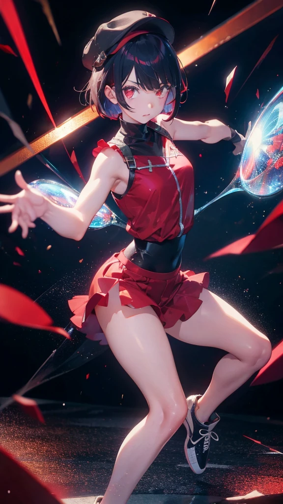 girl with short bob hair,Red eyes ,A shining heaven,dancing in heaven,Break dance,hip hop,cap