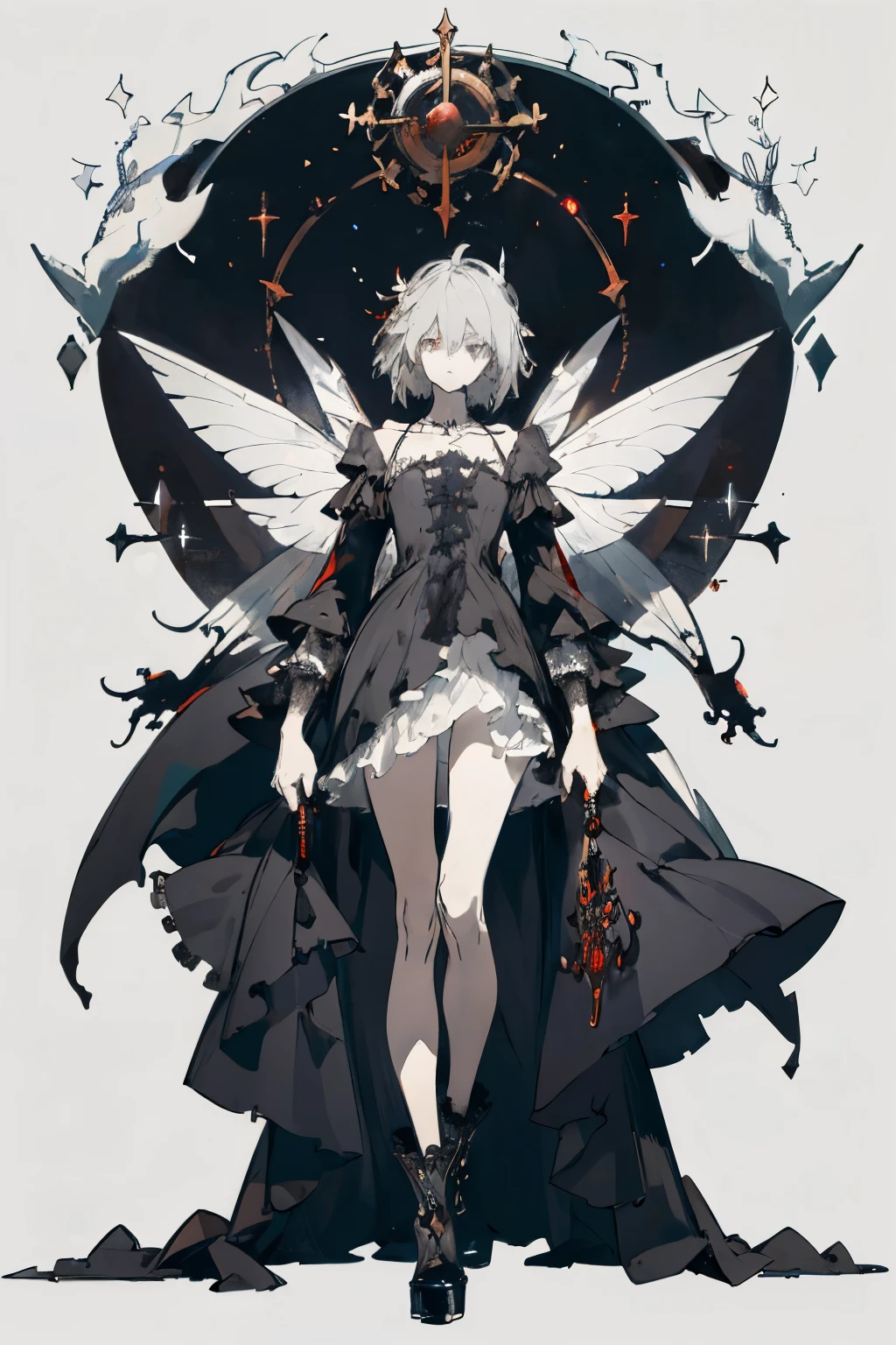 ((best quality)), ((masterpiece)), (detailed), 1girl, Character design, female, dynamic poses, long white grey hair, grey white eyes, very skinny, detailed, best quality, no accesoires around the neck, no shoes, prominent collarbones, skinny arms, flat stomach, visible hip bones, full body, blank white background, plain background, white background, red and white clothing, Bloodborne inspired, occult aesthetic, occult, detailed and intricate steampunk and detailed gothic, NSFW, Very dramatic and cinematic lighting, cosmic horror, grim-dark, side-lighting, perfect face, NSFW, Fluttering lace flared long knee length dress with frilly petticoats, knee length dress, pleated petticoats, petticoats gothic, complex lace boots, side-lighting, gothic aesthetic, wielding a mighty sword with mechanical components, mandalas, a fairy, various different types of insect wings, NSFW, full body, whole body, body, plain background, white background, blank background, no background, white background NSFW, chains, full body, whole body, head-to-toe NSFW