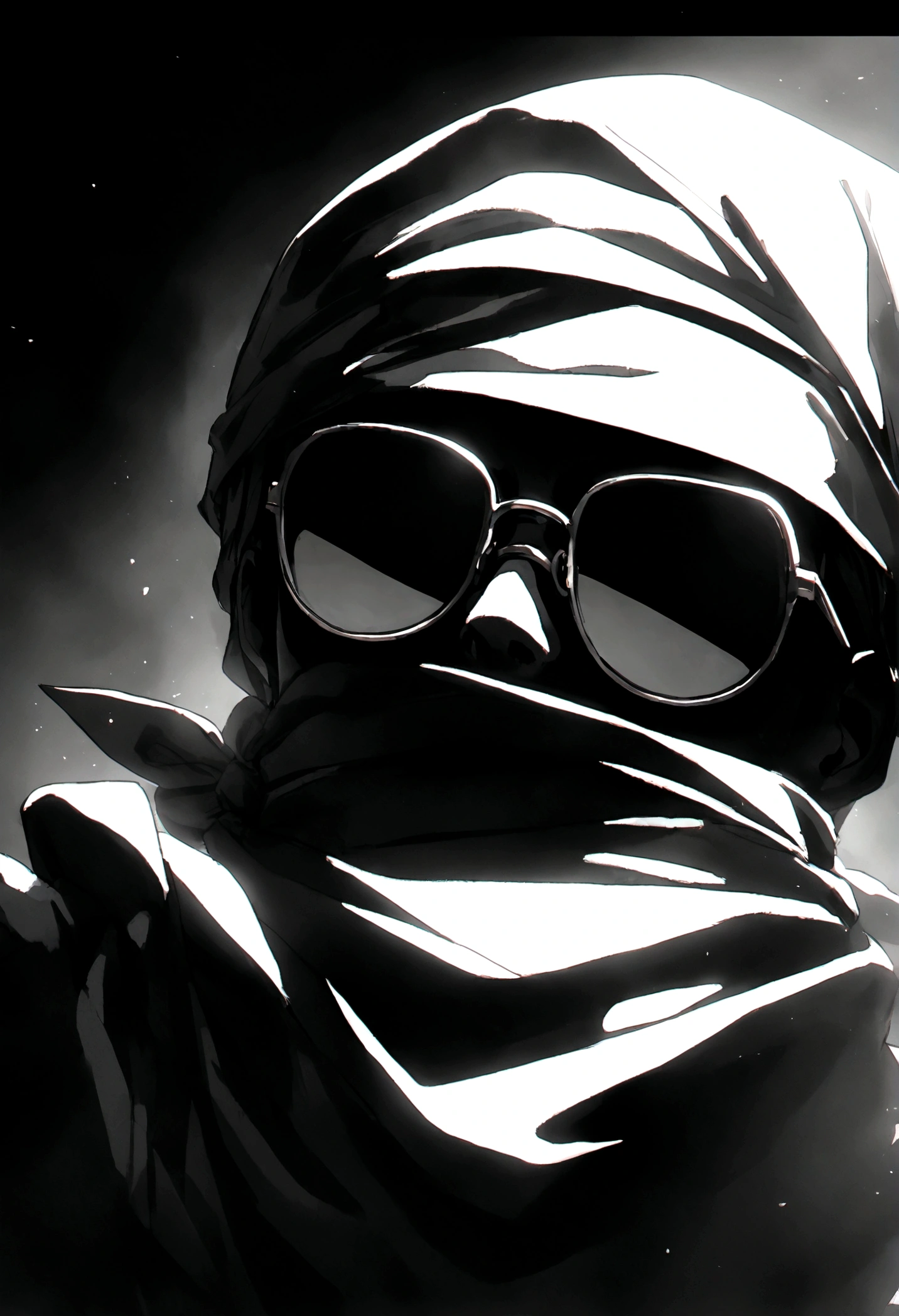monkey with a bandana covering its mouth , sunglasses, black and white only