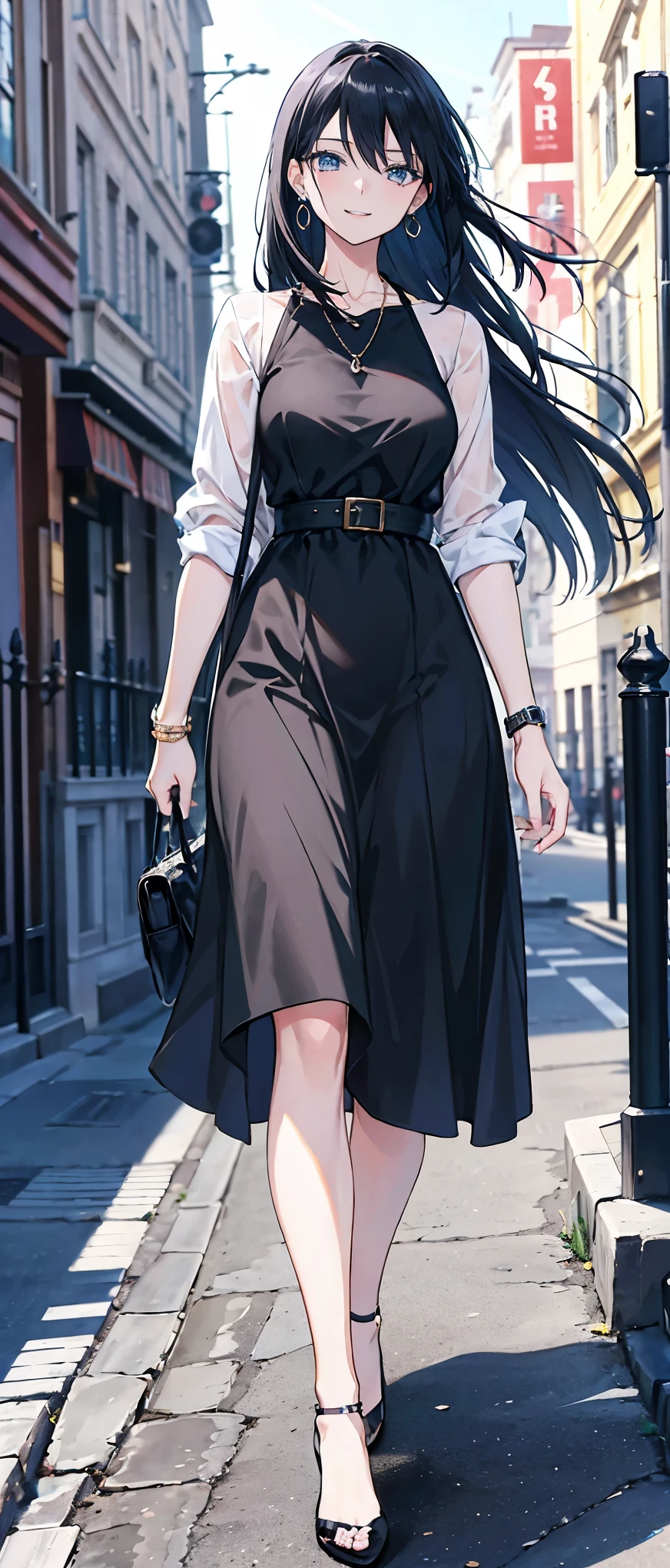 High resolution, high resolution,2D Anime Style,,Cool woman,Mature look,,20th Generation,Black Long Hair,Blue Eyes,Beautiful watch,Beautiful earrings,Beautiful necklace,Casual Fashion,Wearing a dress,He is smiling a little,whole body,Walking around the city,