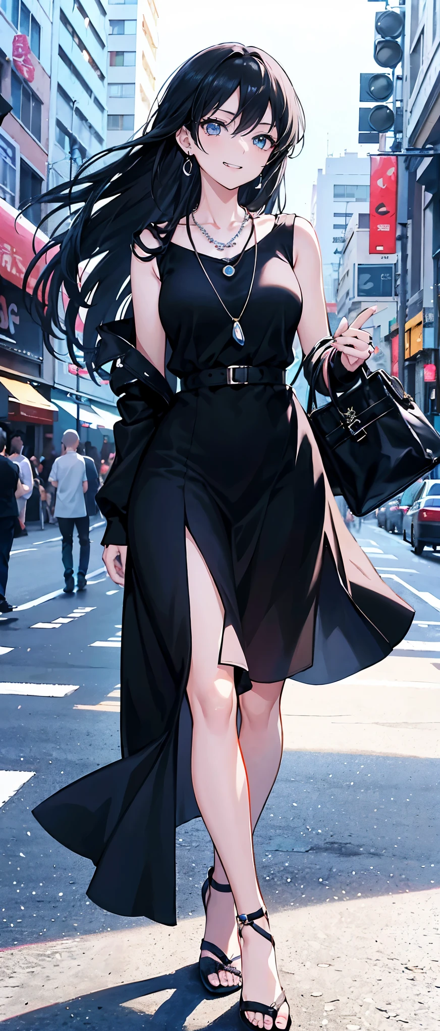 High resolution, high resolution,2D Anime Style,,Cool woman,Mature look,,20th Generation,Black Long Hair,Blue Eyes,Beautiful watch,Beautiful earrings,Beautiful necklace,Casual Fashion,Wearing a dress,He is smiling a little,whole body,Walking around the city,
