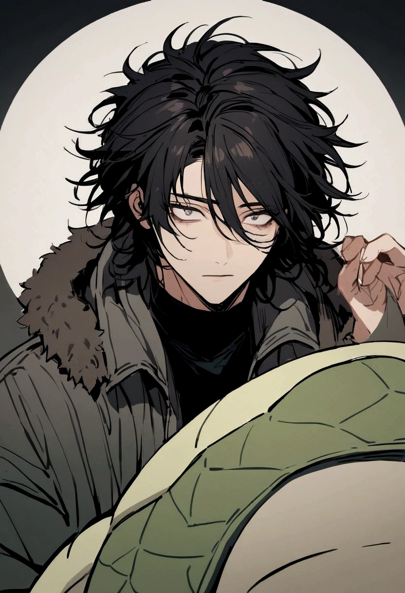 A black haired dude with messy hair wearing a jacket with a big turtle neck that covers half of his face and can only see his dead handsome tired eyes with long eyelashes