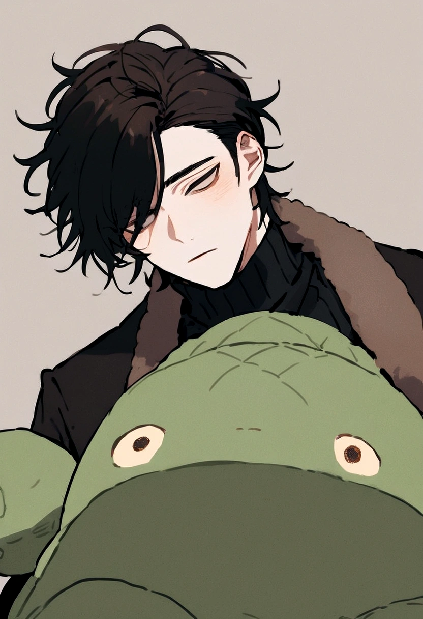 A black haired dude with messy hair wearing a jacket with a big turtle neck that covers half of his face and can only see his dead handsome tired eyes with long eyelashes  