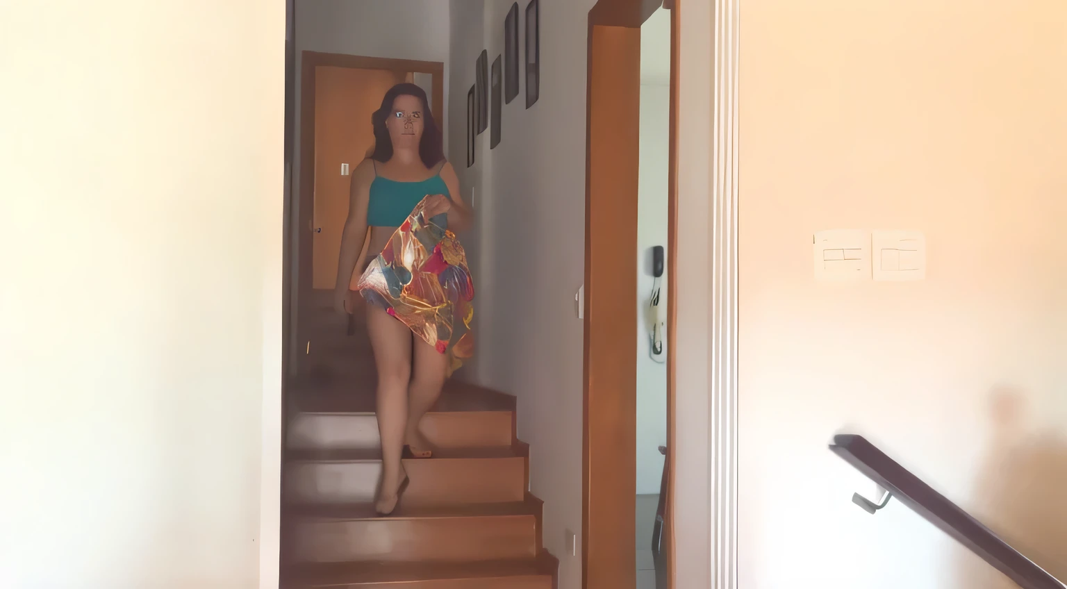 there is a woman walking down a set of stairs in a house, coming down the stairs, opened dress, gif, side view of her taking steps, walking towards the camera, walking towards camera, in shorts, help me, walking away from camera, walking away from the camera, wearing skirt, running towards the camera, wearing sundress, , leaked footage