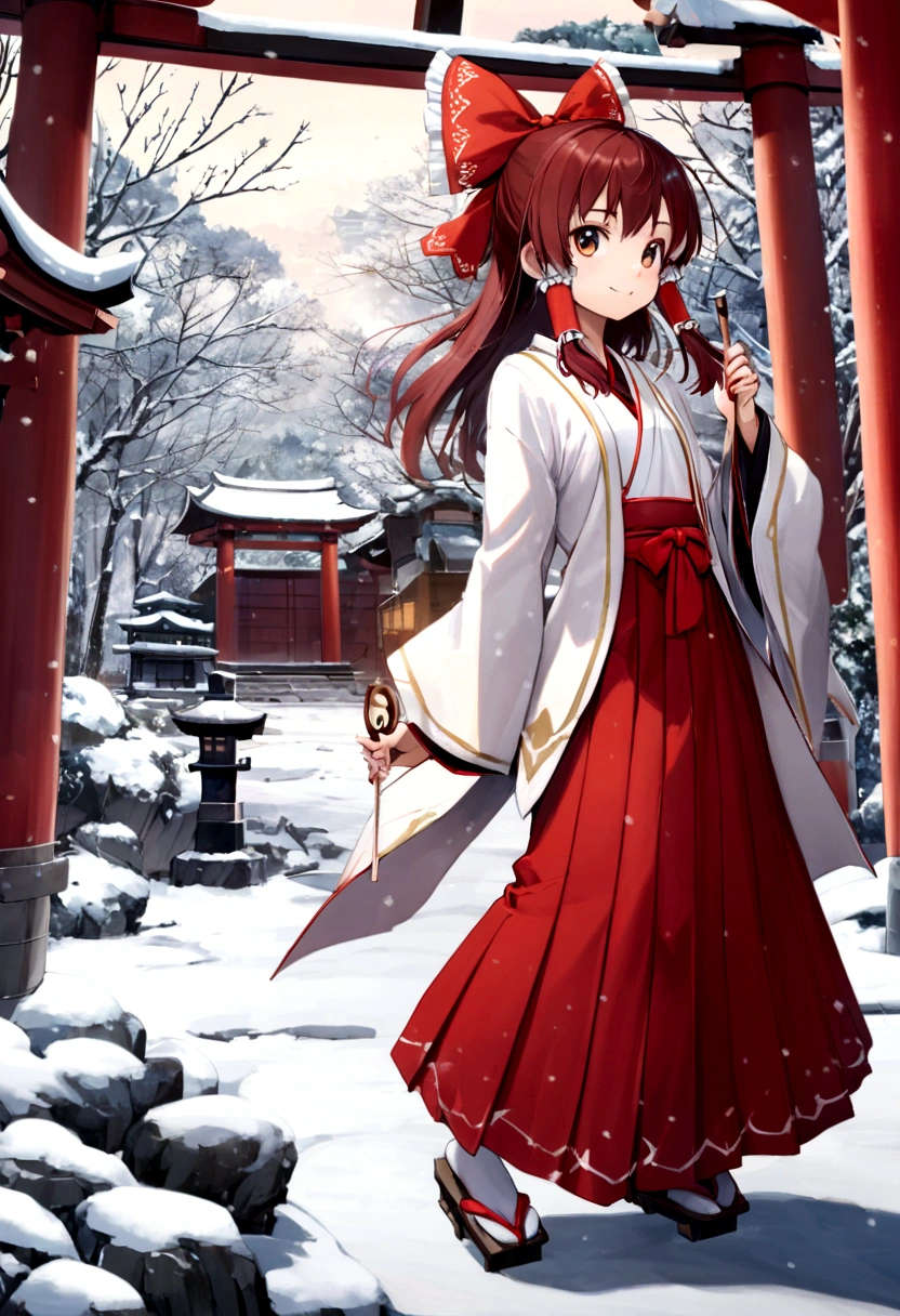 Reimu hakurei, small bust, 1 girl, 10 years old, smiling, priestess long hakama, japanese clothing, dynamic pose, manga cover style, white kimono, yellow scarf on neck, red bow, red obi, red sash, hair bow, red hair tubes, holding gohei, looking at viewer, bush, flower, geta, red footwear, snowing, tabi, stone lantern, snow tree, torii, east asian architecture, female focus, snow forest