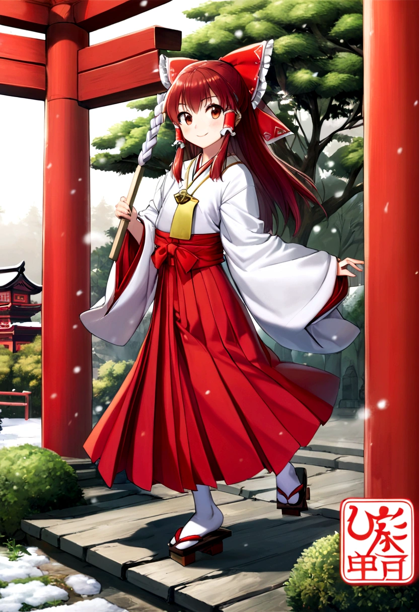 Reimu hakurei, small bust, 1 girl, , smiling, priestess long hakama, japanese clothing, dynamic pose, manga cover style, white kimono, yellow scarf on neck, red bow, red obi, red sash, hair bow, red hair tubes, holding gohei, looking at viewer, bush, flower, geta, red footwear, snowing, tabi, stone lantern, snow tree, torii, east asian architecture, female focus, snow forest