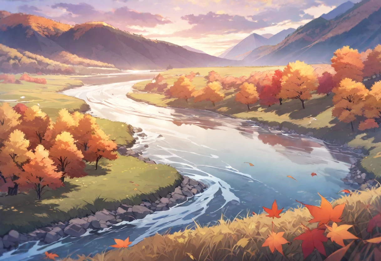 autumn leaves, river, grassland, null, Mountain, vibrant colors