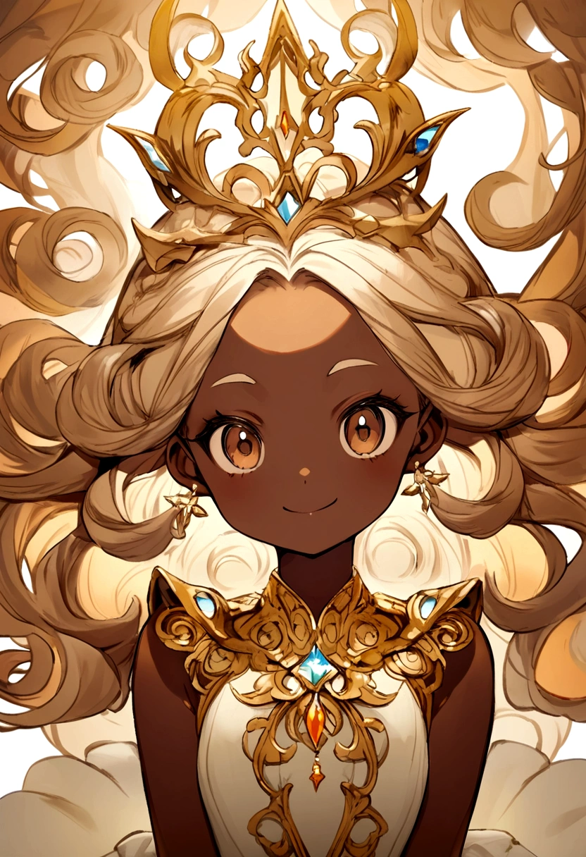 
Dark skin color, brown eyes and curly voluminous hair. Bright smile