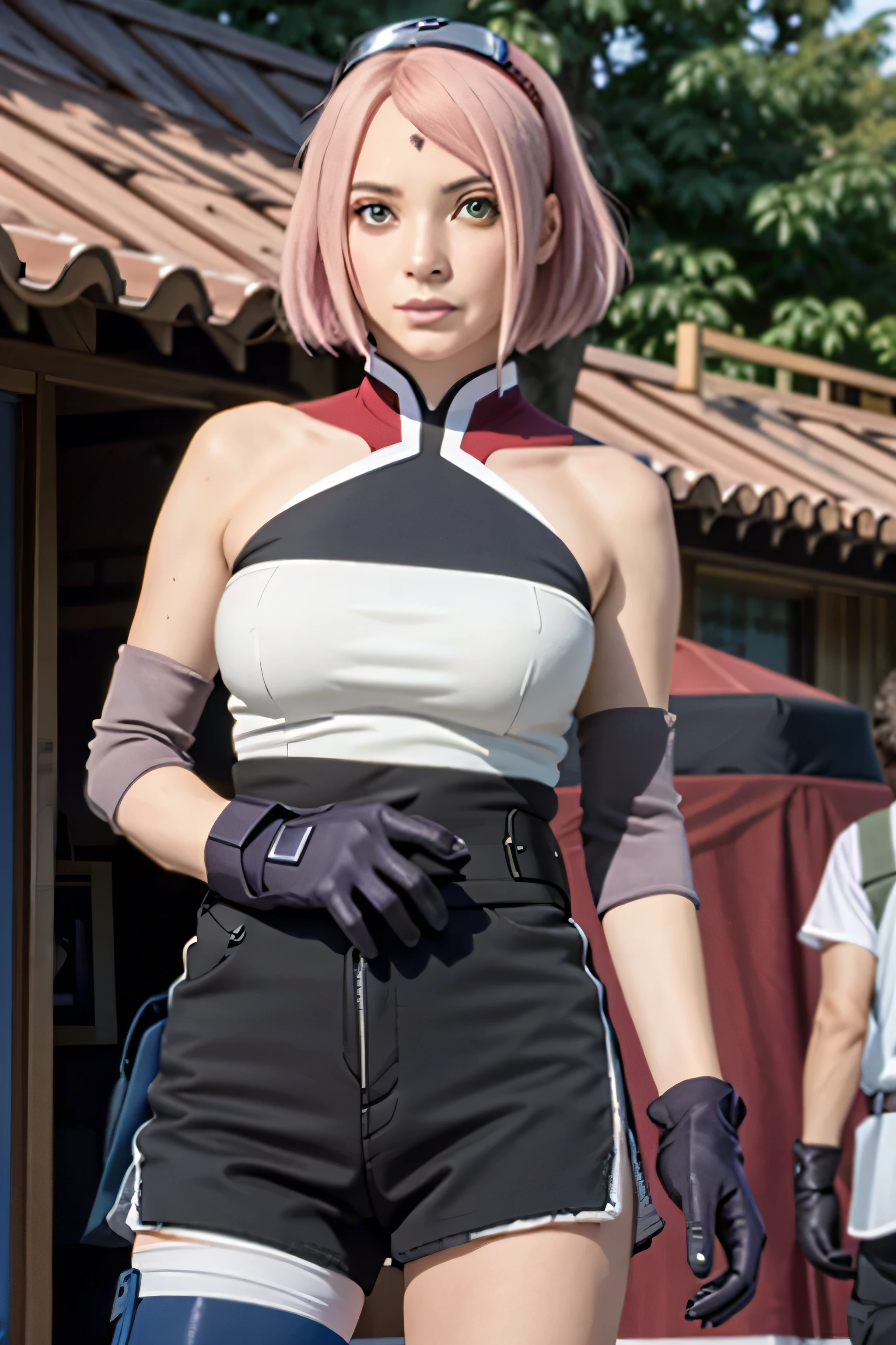 (masterpiece:1.1), (highest quality:1.1), (HDR:1.0), extreme quality,(perfect face, detailed face), (mature female, milf:1), full-face blush, thighs, parted lips, sultry look, aroused, large breasts, big breasts
sakuraTheLast, woman, sleeveless, green eyes, knee pads, black gloves, black shorts, bangs, bandaged leg, black obi, forehead mark, forehead protector, konohagakure symbol, bandeau thight crop top, outdoors,