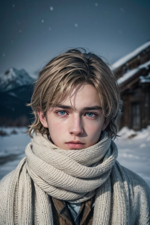 A highly realistic night photograph of a white 21 years old boy, thin lips, dark blonde messy hair, slanted brown eyes, white skin, very sad expression, wearing post-apocalyptic warm clothes with a scarf, on a mountain in the middle of a snowstorm, afternoon light, hyperrealistic, hyperdetailed, 4k
