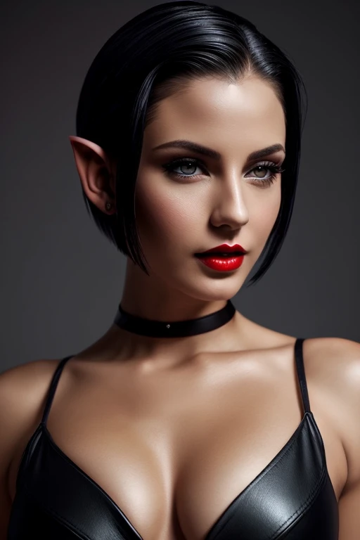Gorgeous european woman with very short hair, short hair, wet hair, hair slicked back, combed straight back, slick hair, streaked black hair, seductive, red lips, elf princess, cleavage, vintage, solid dark grey background