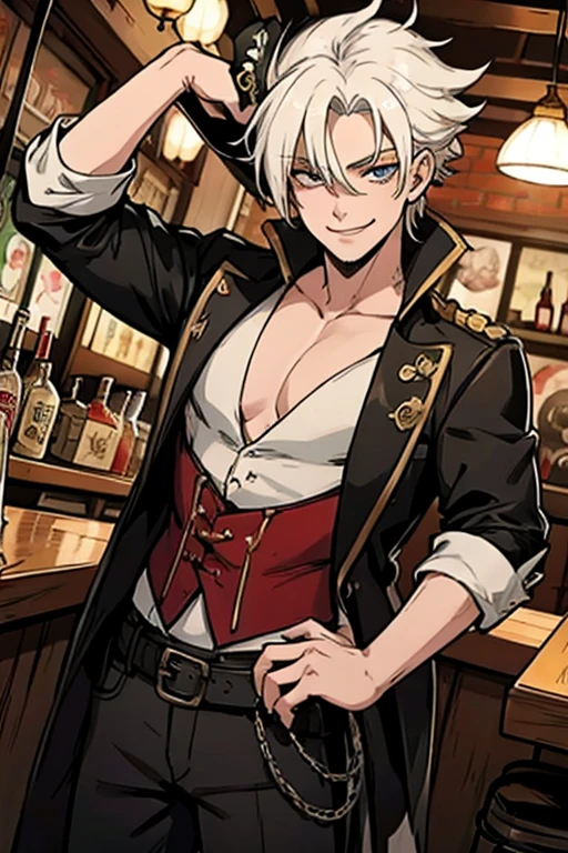 A young white haired man with ruby eyes in a pirates's outfit is drinking at a bar in a pirate city with a big smile