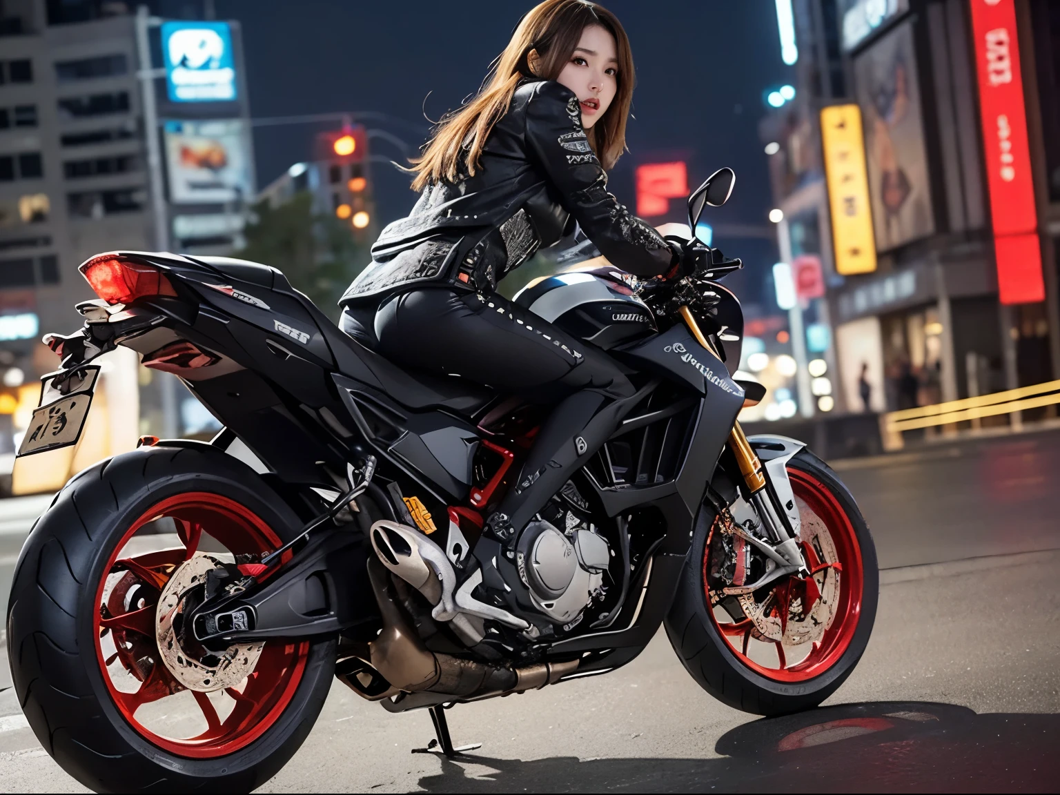 (RAW quality:1.4), masterpiece, highest quality, High resolution, dark_Fantasy, cyber punk, (Sword Weapons,red:1.1),1 person, Japanese women, , mechanical,Robotic presence,Cybernetic Guardian, darkness, Night city background, at night, cyber punk mecha humanoid black and red is riding a futuristic Ducati Panigale V4 race motorcycle on a mountain road at night, Realistic Style, Inspired by Blade Runner, Dark and dramatic lighting, Red and Black Theme, Central curve composition, Rear view. (An ultra-fine masterpiece:1.5), (beautifuly intricate:1.5), (highest quality:1.5), (beautiful + beautiful + Harmonious:1.5), (Highly detailed face, Ultra-detailed eyes, Highly detailed mouth, Super-detailed body, Very fine needles, Very elaborate clothing, Ultra-detailed landscapes:1.5), (Sharpen details:1.2), Blurred Background, Shallow subject depth,