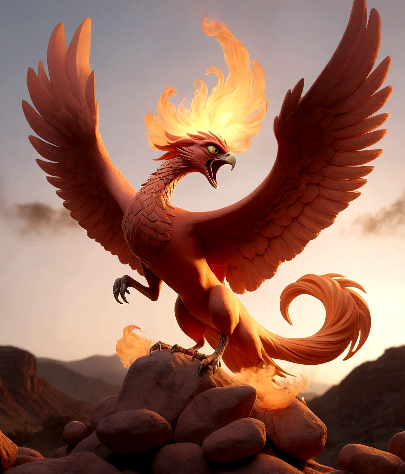 A cinematic photograph of the word "Sim, not creole" em chamas ardentes, suspended between swirls of smoke, against the backdrop of a majestic phoenix emerging from hell, photographed in a mystical, dimly lit atmosphere at sunset on a rocky cliff overlooking a distant , resplendent desert landscape, with the warm, golden tones of the sunset casting an ethereal glow, infused with deep red and amber tones and subtle shadows, as if captured in an ancient and fantastic prophecy.