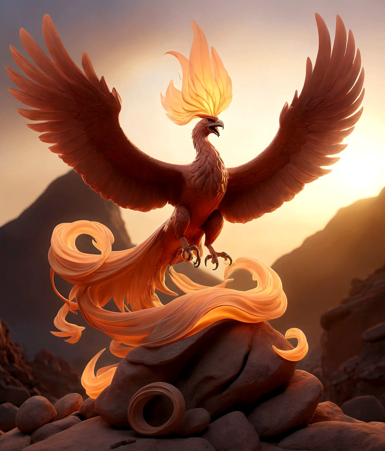 A cinematic photograph of the word "Sim, not creole" em chamas ardentes, suspended between swirls of smoke, against the backdrop of a majestic phoenix emerging from hell, photographed in a mystical, dimly lit atmosphere at sunset on a rocky cliff overlooking a distant , resplendent desert landscape, with the warm, golden tones of the sunset casting an ethereal glow, infused with deep red and amber tones and subtle shadows, as if captured in an ancient and fantastic prophecy.