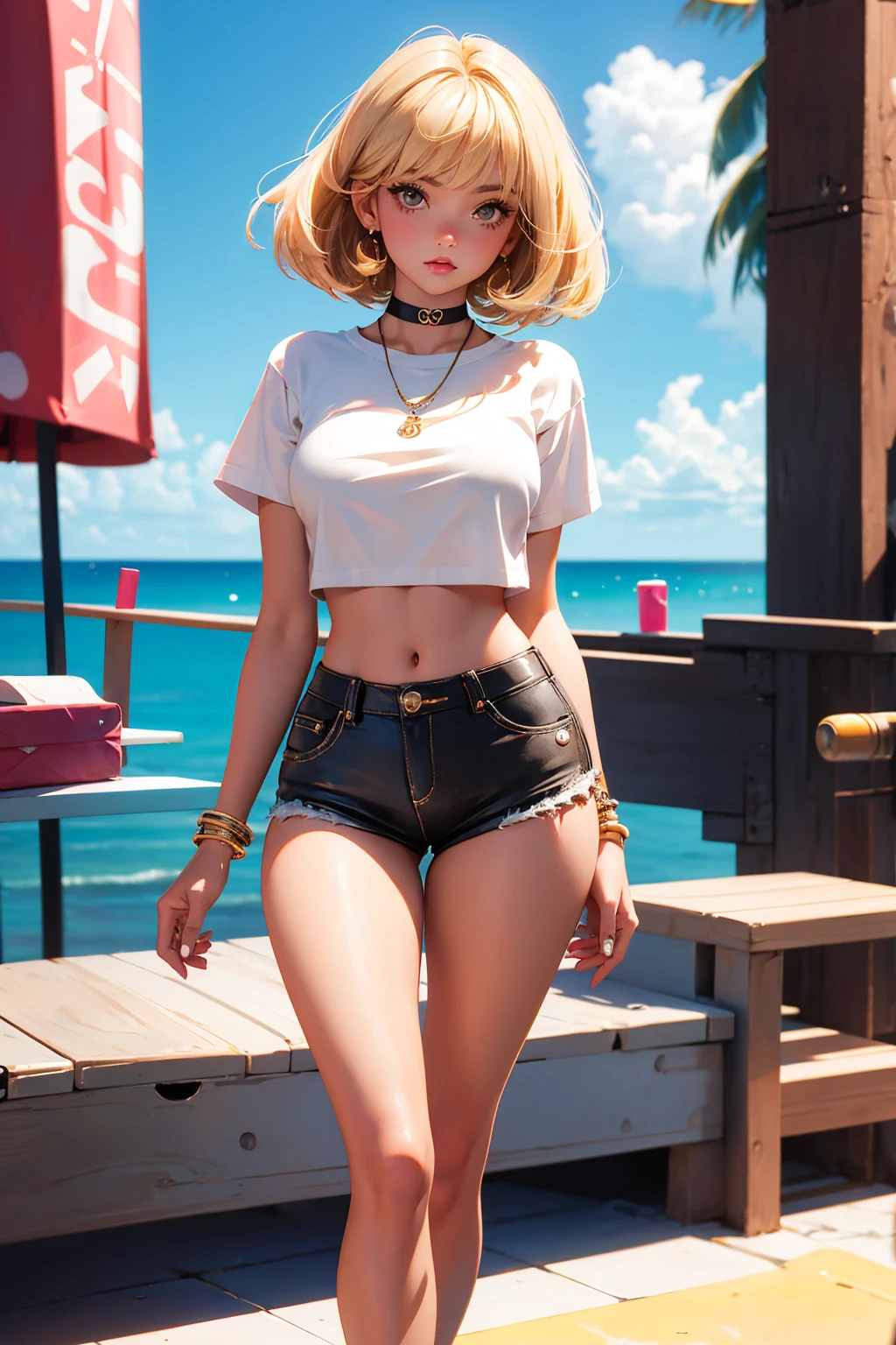 Teenage girl-model 18 years old, beautiful, blonde, bob hair, bangs, brown eyes, beautiful figure, girl wearing crop shirt and too short mini shorts, beautiful long legs, slave bracelets, slave choker, manicure, cute makeup, flirtatiously posing, hot summer, hot flirty, sexy posing, summer outfit, top quality, higest quality, pin-up style, retro 80s style, Daisy Dukes style, slave girl, Miami vibes,