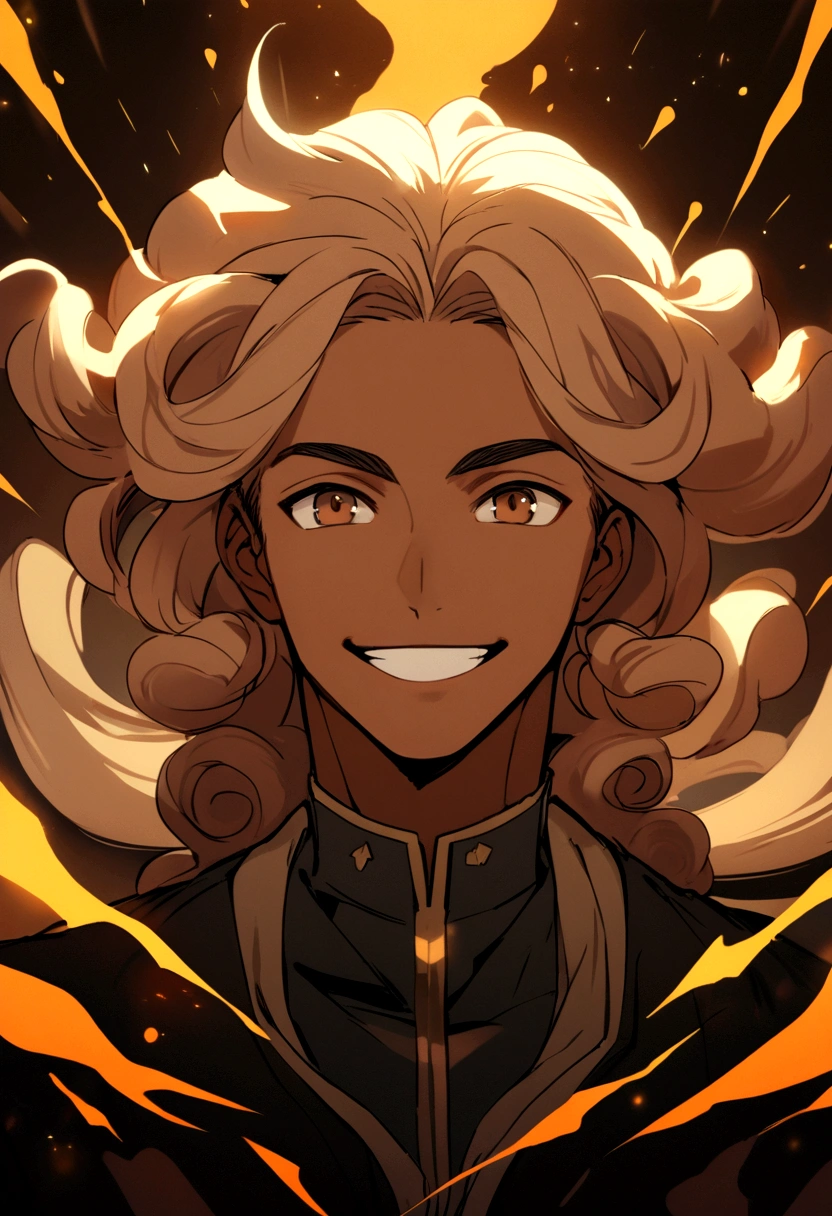 Male. Dark skin color, brown eyes and curly voluminous hair. Bright smile