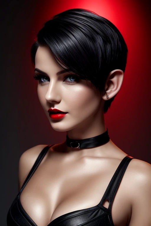 Gorgeous european woman with very short hair, short hair, wet hair, hair slicked back, combed straight back, slick hair, streaked black hair, seductive, red lips, elf princess, cleavage, vintage, solid dark grey background