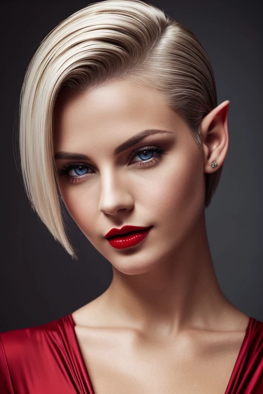 Gorgeous european woman with very short hair, short hair, wet hair, hair slicked back, combed straight back, slick hair, streaked blonde hair, seductive, red lips, elf princess, cleavage, vintage, solid dark grey background