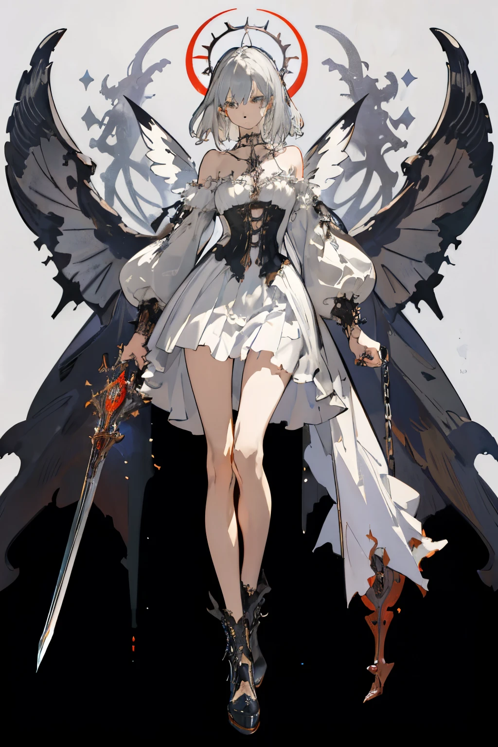  ((best quality)), ((masterpiece)), (detailed), 1girl, Character design, female, dynamic poses, long white grey hair, grey white eyes, very skinny, detailed, best quality, no accesoires around the neck, no shoes, prominent collarbones, skinny arms, flat stomach, visible hip bones, full body, blank white background, plain background, white background, red and white clothing, Bloodborne inspired, occult aesthetic, occult, detailed and intricate steampunk and detailed gothic, NSFW, Very dramatic and cinematic lighting, cosmic horror, grim-dark, side-lighting, perfect face, NSFW, Fluttering lace flared long knee length dress with frilly petticoats, knee length dress, pleated petticoats, petticoats gothic, complex lace boots, side-lighting, gothic aesthetic, wielding a mighty sword with mechanical components, mandalas, a fairy, various different types of insect wings, NSFW, full body, whole body, body, plain background, white background, blank background, no background, white background NSFW, chains, full body, whole body, head-to-toe NSFW 