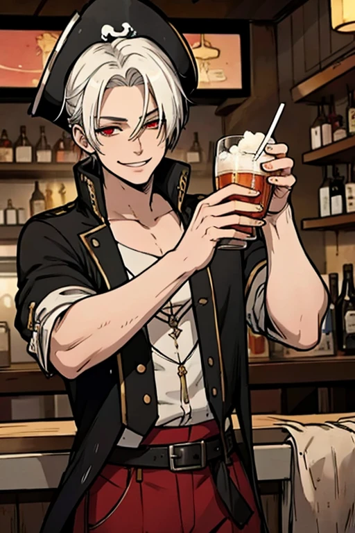 A young white haired man with red eyes in a pirates's outfit is drinking at a bar in a pirate city with a big smile