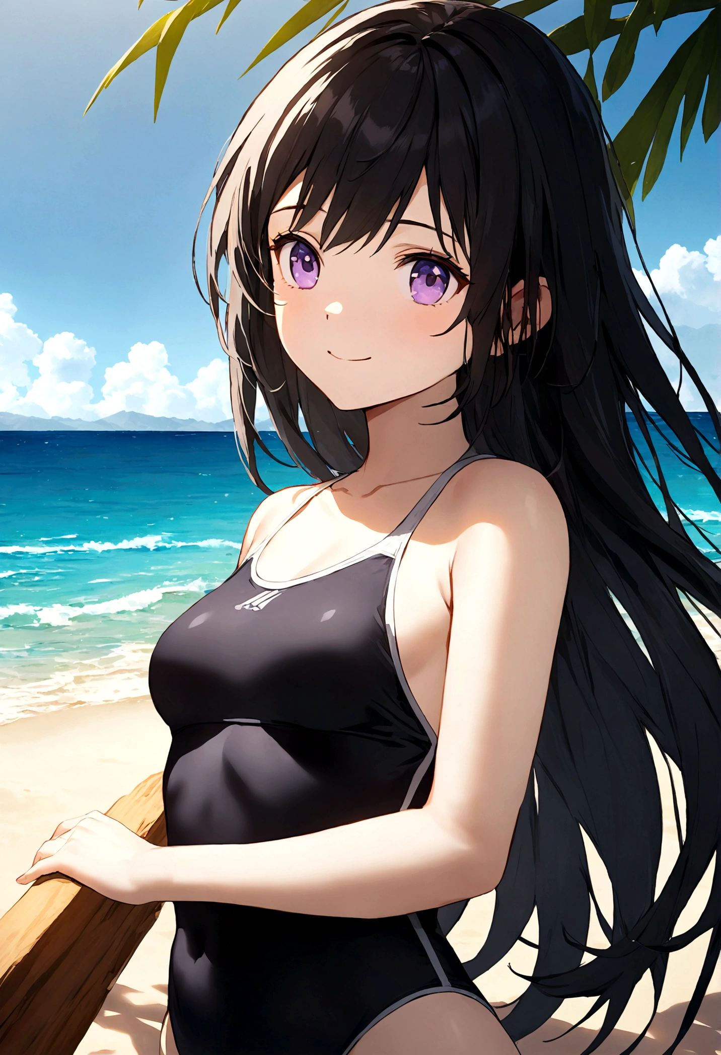 32k, best quality, ultra high res, HDR, UHD, extremely detailed CG, unity 32k wallpaper, very cute, 16-year-old girl, 1 person, Purple eyes, (Black competitive swimsuit), Beach, Long black hair, (medium breasts), smile, 