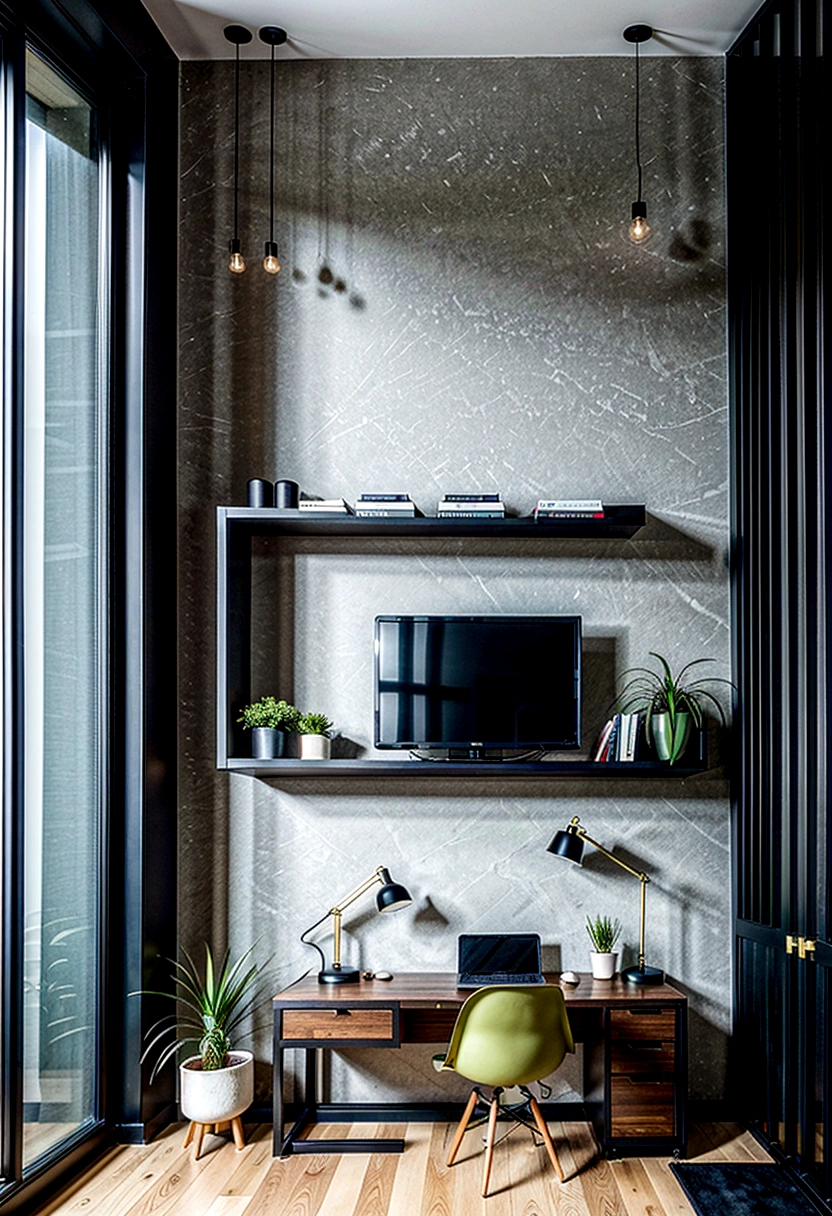 first person view of a large desk with a computer on top of it in a room, modern office, wood accents, black vertical slatted timber, home office interior, wooden walls brass panels, black walls, offices, wood and gold details, small pots with decorative green plants, simple clean lines, modern and minimalist, minimalist home office, modern minimal design, functional and elegant look, modern style, dark and modern, neotraditional modern minimalist