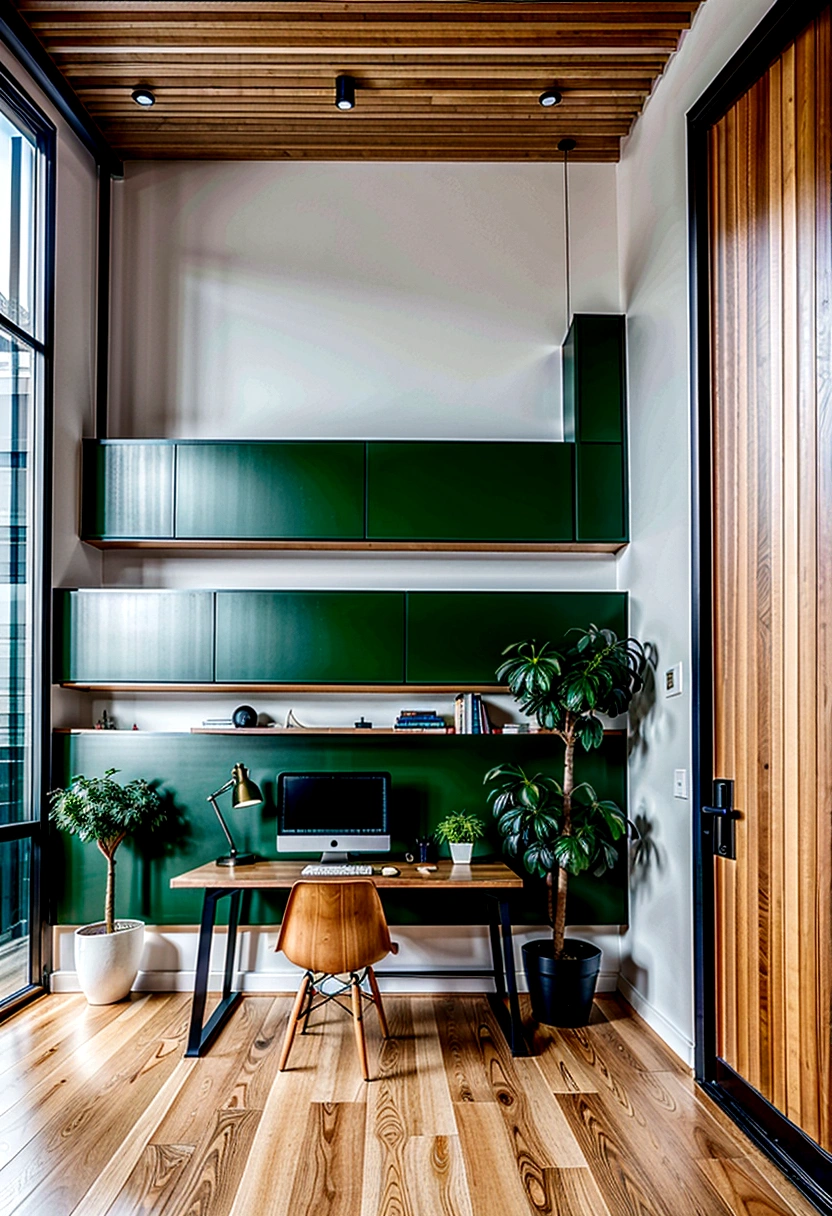 first person view of a large desk with a computer on top of it in a room, modern office, wood accents, black vertical slatted timber, home office interior, wooden walls brass panels, black walls, offices, wood and gold details, small pots with decorative green plants, simple clean lines, modern and minimalist, minimalist home office, modern minimal design, functional and elegant look, modern style, dark and modern, neotraditional modern minimalist