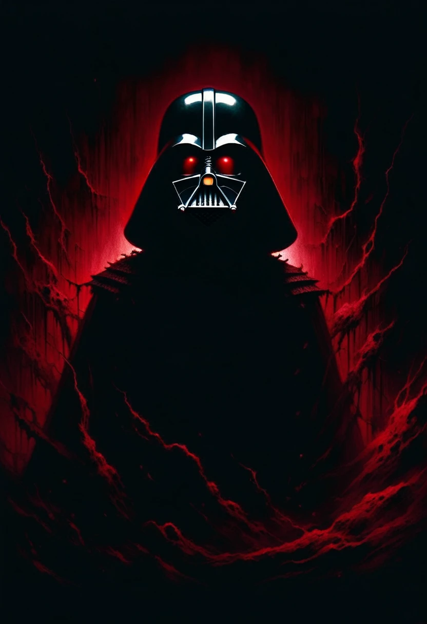 Ashley Wood style, dark scarlet, Chemiluminescence, Dark Vader, (minimalism: 1), ray tracing details...Stephen Gammell style - Iai in Stephen Gammell style