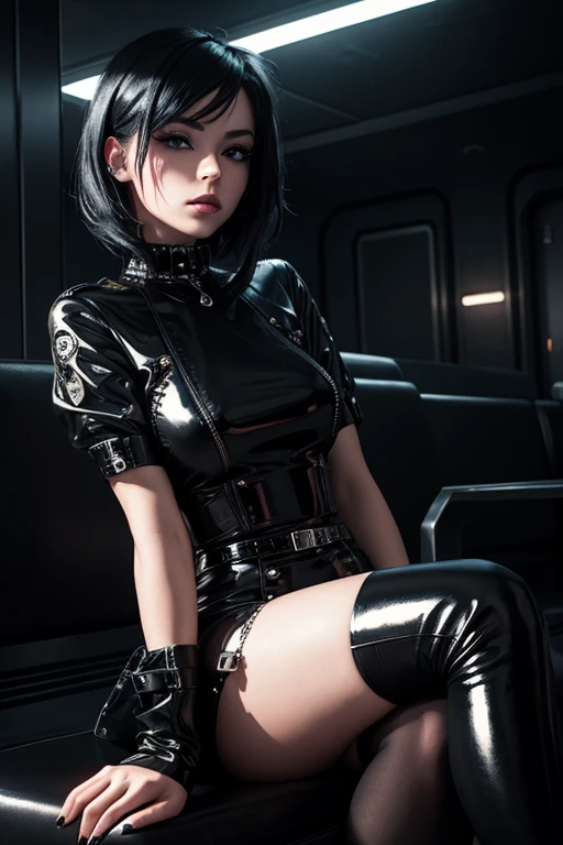 Beautiful Noirpunk girl+aesthetic+Noirpunk+sitting pose+sheen, shine, glitter and lumen+beautiful Noirpunk scenario+HD