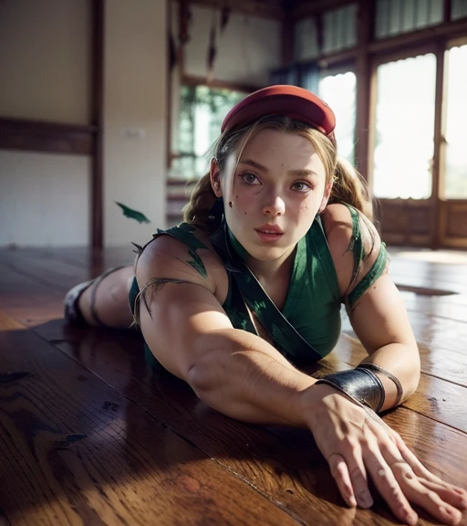 (((Cammy White passed out))) , Green leotard, Twin tails,, Tired face,, 15 years old, (Torn clothing:1.9),, ((crawl away from the camera)) ,  masterpiece, highest quality, High resolution, Realistic, Nice ass, (Not muscular),  Red Beret, One girl, ((Leg spread)) , Crotch shot, (defeat), (close your eyes), Beautiful Face, Wooden floor, 