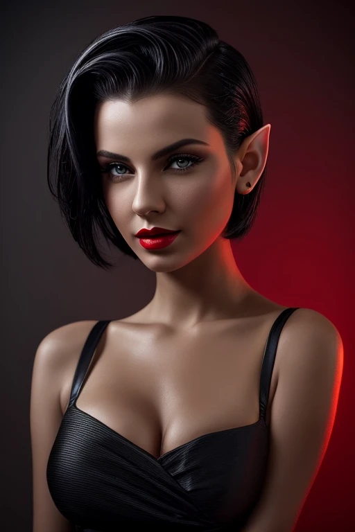 Gorgeous european woman with very short hair, short hair, wet hair, hair slicked back, combed straight back, slick hair, streaked black hair, seductive, red lips, elf princess, cleavage, vintage, solid dark grey background