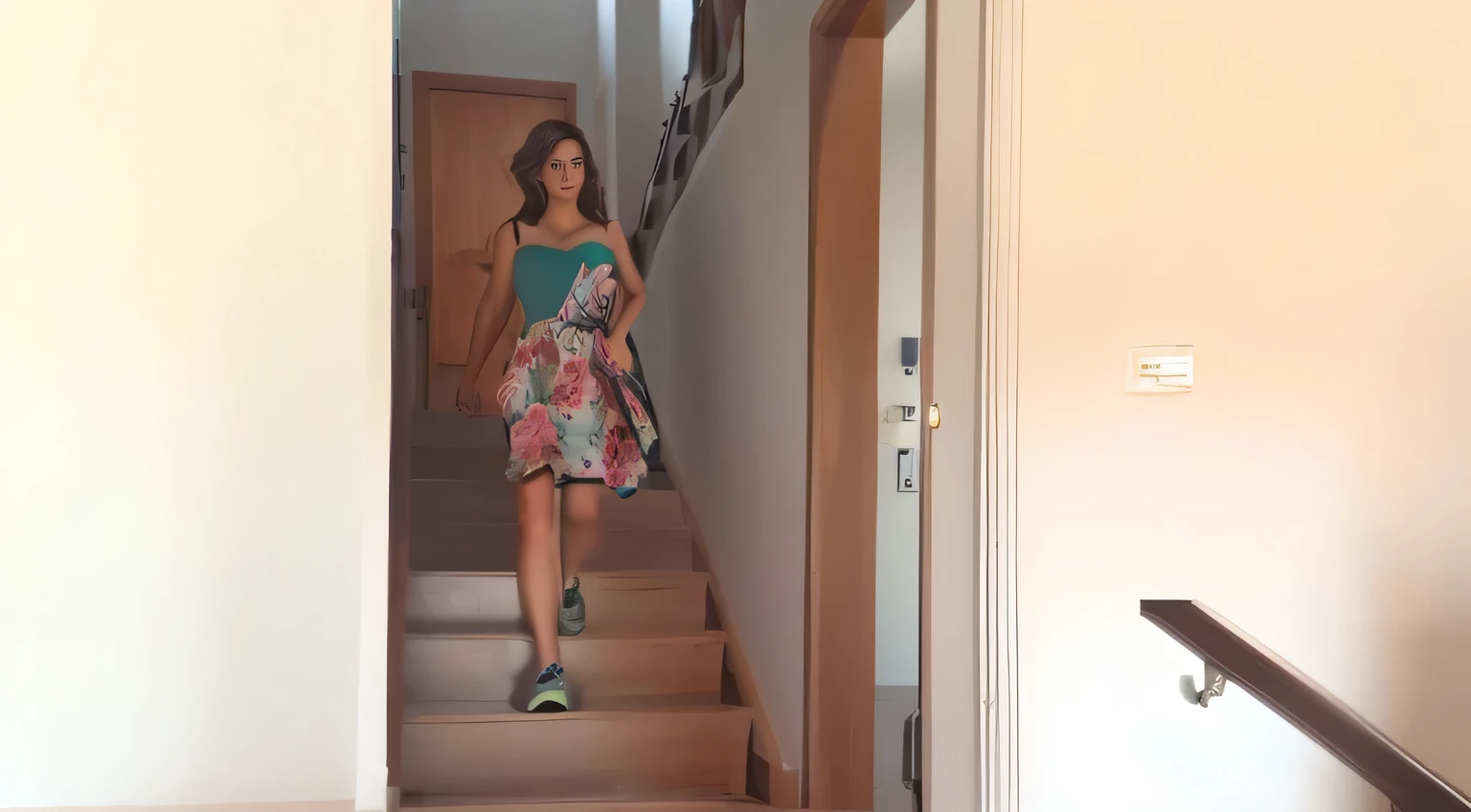there is a woman walking down a set of stairs in a house, coming down the stairs, opened dress, gif, side view of her taking steps, walking towards the camera, walking towards camera, in shorts, help me, walking away from camera, walking away from the camera, wearing skirt, running towards the camera, wearing sundress, , leaked footage