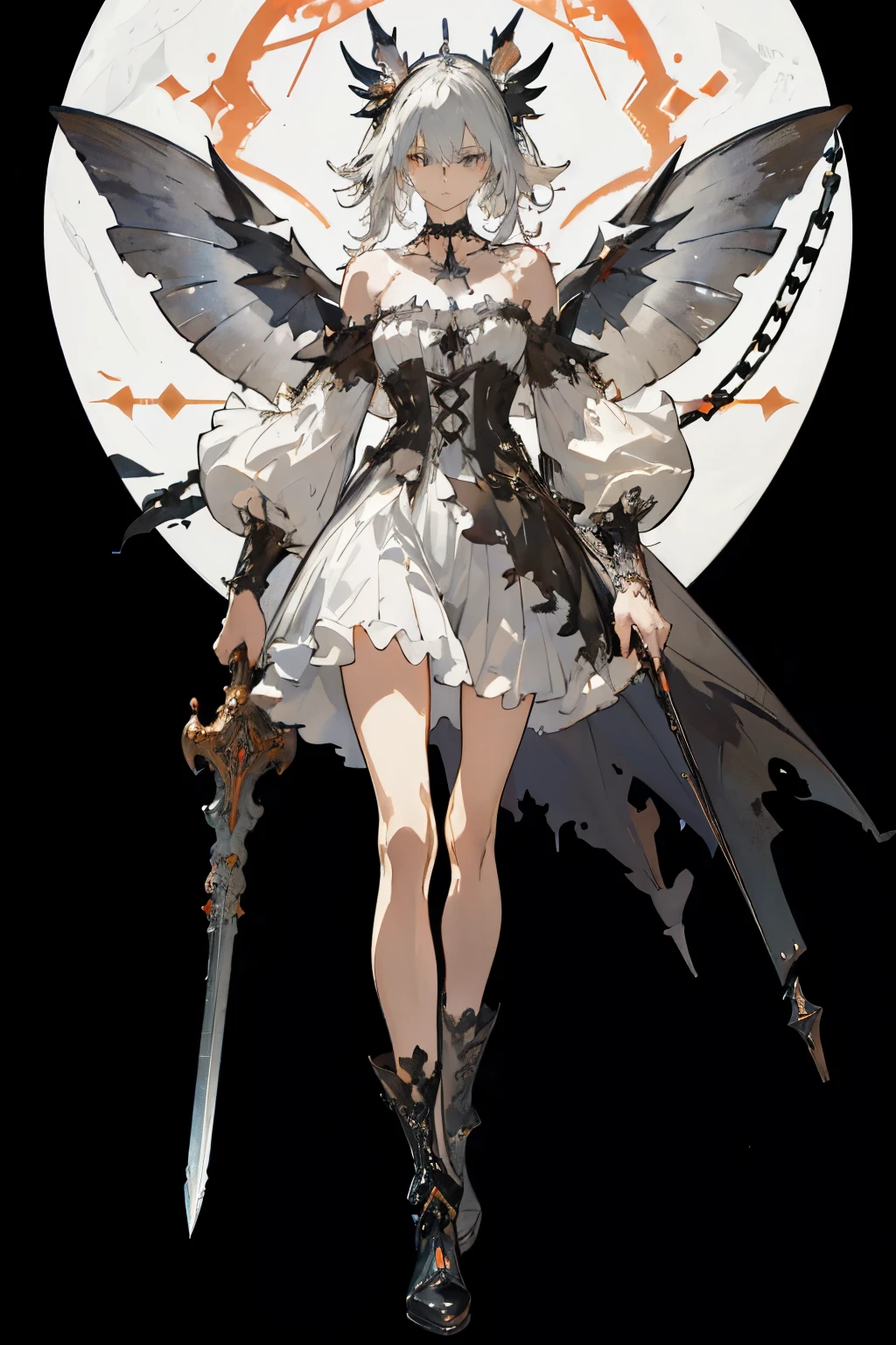  ((best quality)), ((masterpiece)), (detailed), 1girl, Character design, female, dynamic poses, long white grey hair, grey white eyes, very skinny, detailed, best quality, no accesoires around the neck, no shoes, prominent collarbones, skinny arms, flat stomach, visible hip bones, full body, blank white background, plain background, white background, red and white clothing, Bloodborne inspired, occult aesthetic, occult, detailed and intricate steampunk and detailed gothic, NSFW, Very dramatic and cinematic lighting, cosmic horror, grim-dark, side-lighting, perfect face, NSFW, Fluttering lace flared long knee length dress with frilly petticoats, knee length dress, pleated petticoats, petticoats gothic, complex lace boots, side-lighting, gothic aesthetic, wielding a mighty sword with mechanical components, mandalas, a fairy, various different types of insect wings, NSFW, full body, whole body, body, plain background, white background, blank background, no background, white background NSFW, chains, full body, whole body, head-to-toe NSFW 